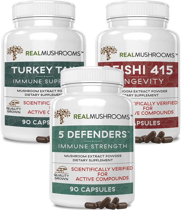 Real Mushrooms Ultimate PET Defense & Immunity Bundle - Reishi (90 Caps) + Turkey Tail (90 Caps) + 5-Defenders (90 Caps) for Cats, Dogs, and Furry Friends