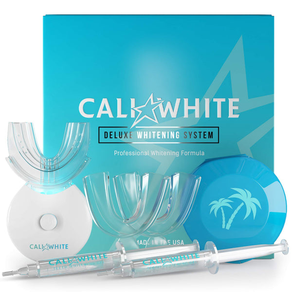 Cali White Vegan Teeth Whitening Kit with LED Light, Made in USA, Natural & Organic Peroxide Gel, Professional Dental Whitener - 2 X 5mL Syringes, Custom Trays, Retainer Case