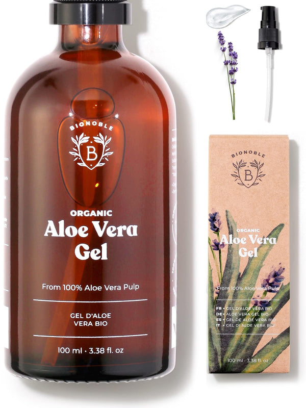 ORGANIC ALOE VERA GEL | Made with 100% Pure Fresh Aloe Pulp and Organic Lavender | Xanthan Free | Face, Eye Contour, Body, Hair | Glass Bottle + Pump (100ml)