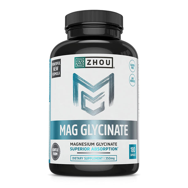 Zhou Magnesium Glycinate Complex 350 mg, Time-Release Absorption, Muscle Relaxation & Recovery, Healthy Sleep, Bone Strength, Heart Health, Vegan, Non-GMO, Bioavailable, 45 Servings, 180 Capsules