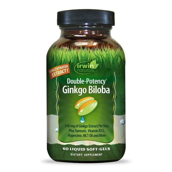 Irwin Natural Double-Potency Gingko Biloba 240mg Extra Strength Brain Health Supplement - Enhance Memory, Mental Focus, Alertness, Concentration & Herbal Energy Booster - 60 Liquid Softgels