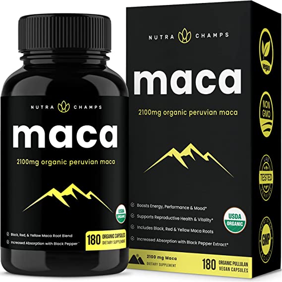 Organic Maca Root Capsules for Women & Men 2100mg | 180 Vegan Maca Capsules with Black, Red & Yellow Peruvian Maca Root Powder & Black Pepper Extract | Maca Supplement for Improved Energy & Mood