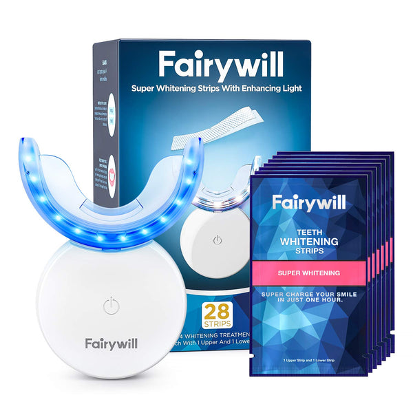Fairywill Teeth Whitening Strips with Light, 28 Pcs Express White Strips with Light, Rechargeable 24X Blue Teeth Whitening Light, Enamel Safe Teeth Whitening Kit with Led Light, Case Include