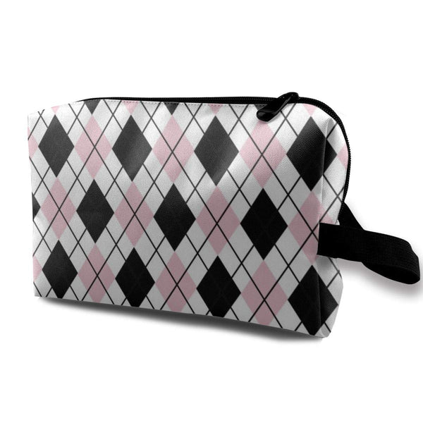 NEPower Black Pink White Argyle Patterns Women's Small Cute Make Up Pouch For Purse Makeup Brushes Bag Mini Travel Cosmetic Bag