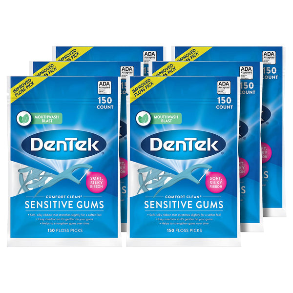 DenTek Comfort Clean Sensitive Gums Floss Picks, Soft & Silky Ribbon, 150 Count, 6 Pack