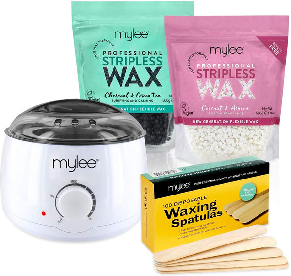 Mylee Professional Waxing Kit with Wax Heater, Hard Wax Beads 500g, Spatulas - Stripless Depilatory Waxing Pellets Solid Film Beans No Strip Needed, Made in The UK (Both Wax Pouches)