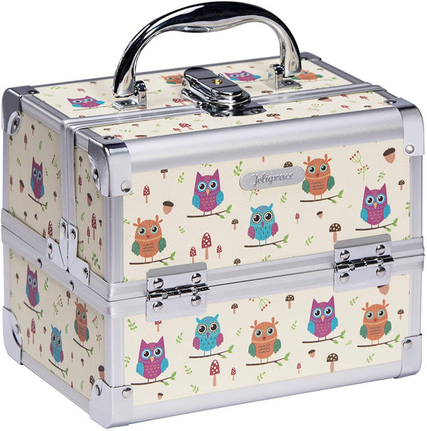 Joligrace Girls Makeup Box with Mirror Cosmetic Case Jewelry Organiser Light Weight Lockable with Keys, Size: 19.5x15x16cm, Funny Owl