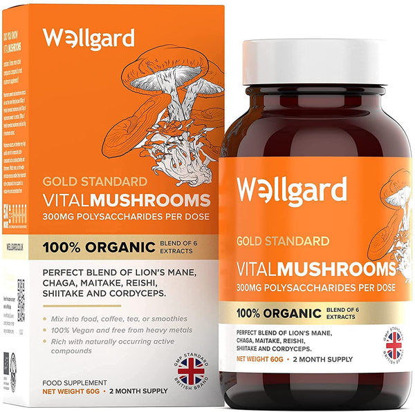 Vital Mushrooms Extract Powder 60 Days Wellgard - 100% Organic Mushroom Supplement, 300mg Polysaccharides, Chaga, Cordyceps, Shiitake, Reishi, Lions Mane, Maitake, Made in UK