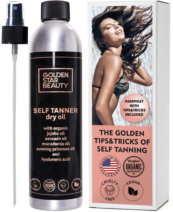Self Tanner - Sunless Tanning Oil, Organic Spray Tan w/ Hyaluronic Acid and Booklet, No Fake Tan Smell & No Streaks for Perfect Golden Glow 8.0 fl.oz