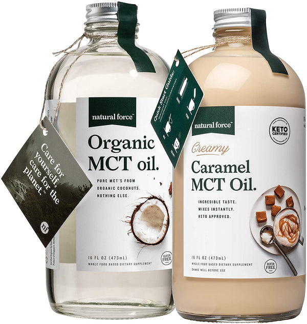 Natural Force Creamy Caramel MCT Oil + Organic Full Spectrum MCT Oil ýýý Gluten-Free, Non GMO, 100% Pure Coconut MCTs from Organic Coconuts ýýý Keto, Paleo, and Vegan ýýý 2X 16 Ounce Glass Bottles