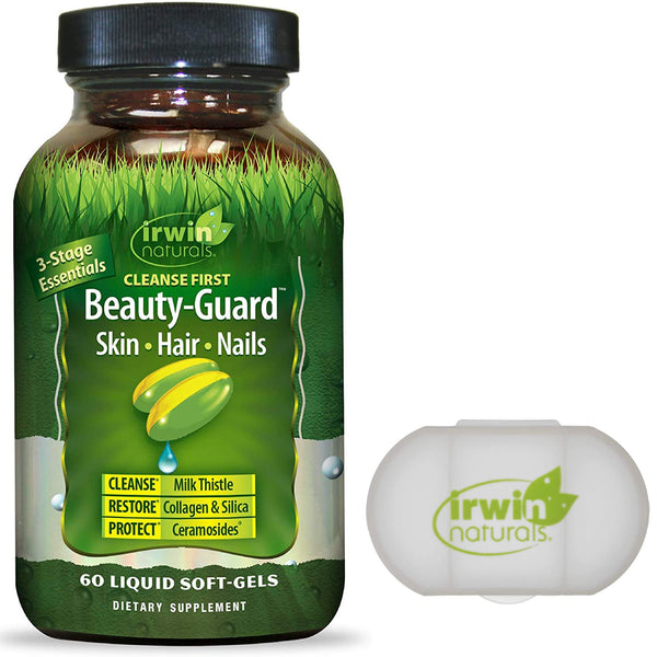 Irwin Naturals Beauty-Guard Skin Hair Nails - 60 Softgels (9707) Cleanse Restore Protect 3-Stage Essentials Supplement Bundle with a Lumintrail Pill Case