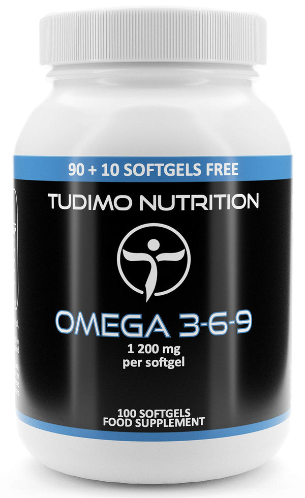 Omega 3-6-9 1200 mg per Softgel 100 pcs (3+ Month Supply) of Rapidly Disintegrating Softgel Capsules, Each with 1200mg of Premium Quality Fish, Borage and Flaxseed Oil, by TUDIMO