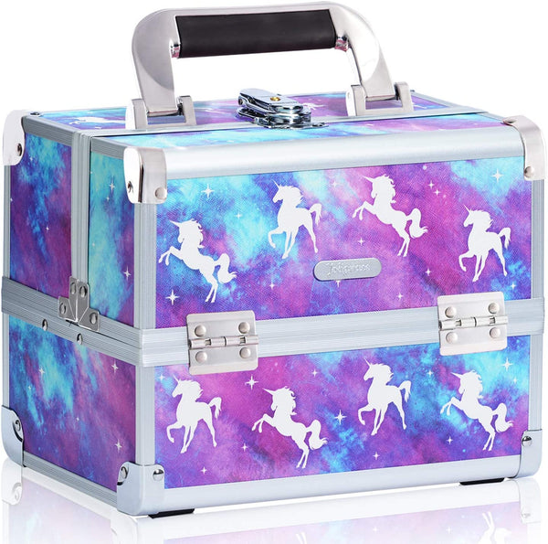 Joligrace Unicorn Makeup Box Vanity Case Cosmetic Organiser Case Beauty Box with Mirror and Magnification(5X) Spot Mirror