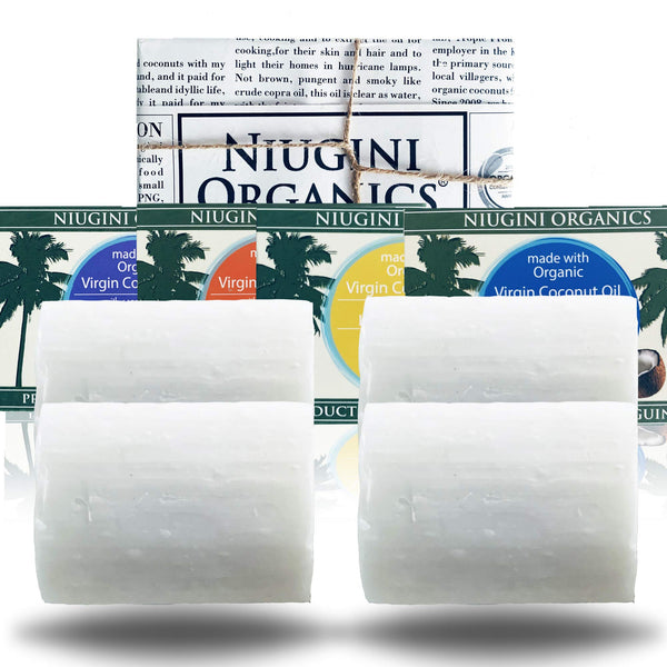 The Worlds Purest Soap Bar, 4 x NIUGINI ORGANICS Coconut Soap Bar, Only Organic Coconut Pil And Lye, Carbon Neutral, No Plastic, Empowers Women, No Chemicals, All-Natural Ingredients, 400 gram (4x1 Flavours)
