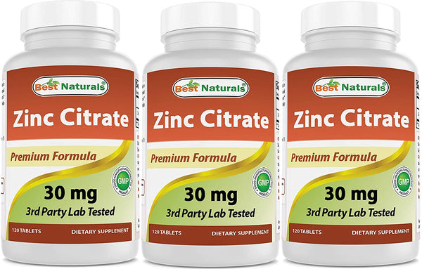 Best Naturals Zinc Citrate 30 mg - Immune Support - 120 Tablets (120 Count (Pack of 3))