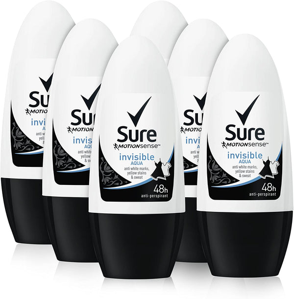 Sure Invisible Aqua Protection, Strong Antiperspirant Roll On Cream Stick For Women, Clean And Long Lasting Freshness, Anti Sweat And Body Odour, Large Pack (6 x 50ml)