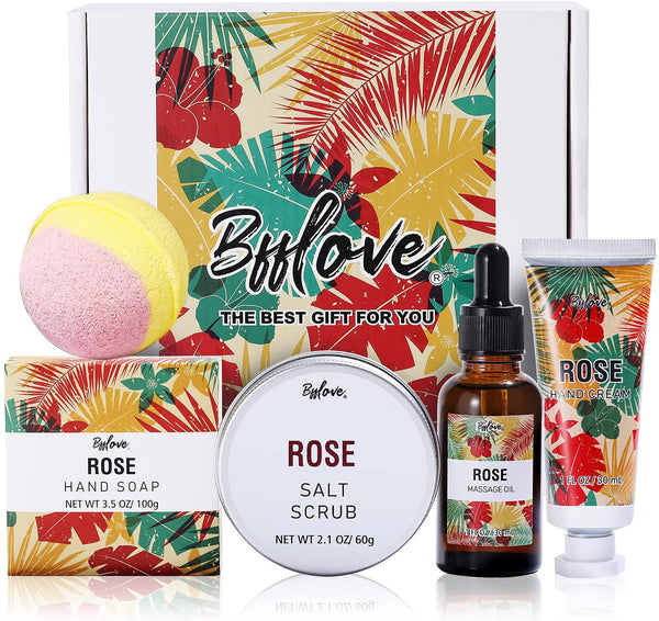 Pamper Gifts for Women-BFFLOVE Rose Scent Gift Set, Spa Gift Box for Women, Birthday Gift Set for Her, Bath Sets Includes Massage Oil, Salt Scrub, Bar, Bath Bombs, Hand Cream 5 Pc