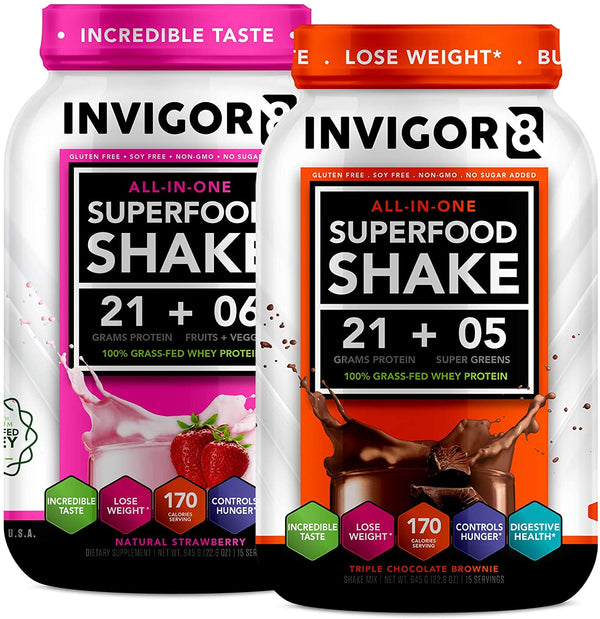 INVIGOR8 Superfood Shake (Choc and Strawberry Bundle) Gluten-Free Non GMO Meal Replacement Grass-Fed Whey Protein Shake with Probiotics and Omega 3 (1290g)