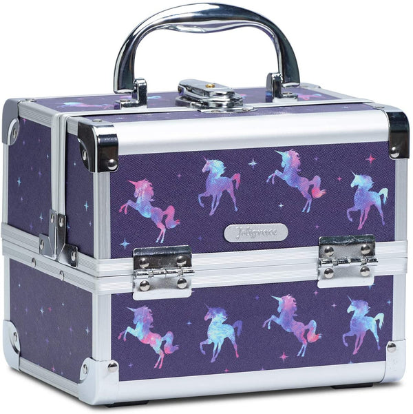 Joligrace Girls Makeup Box with Mirror Cosmetic Case Jewelry Organiser Light Weight Lockable with Keys, Size: 19.5x15x16cm, Unicorn