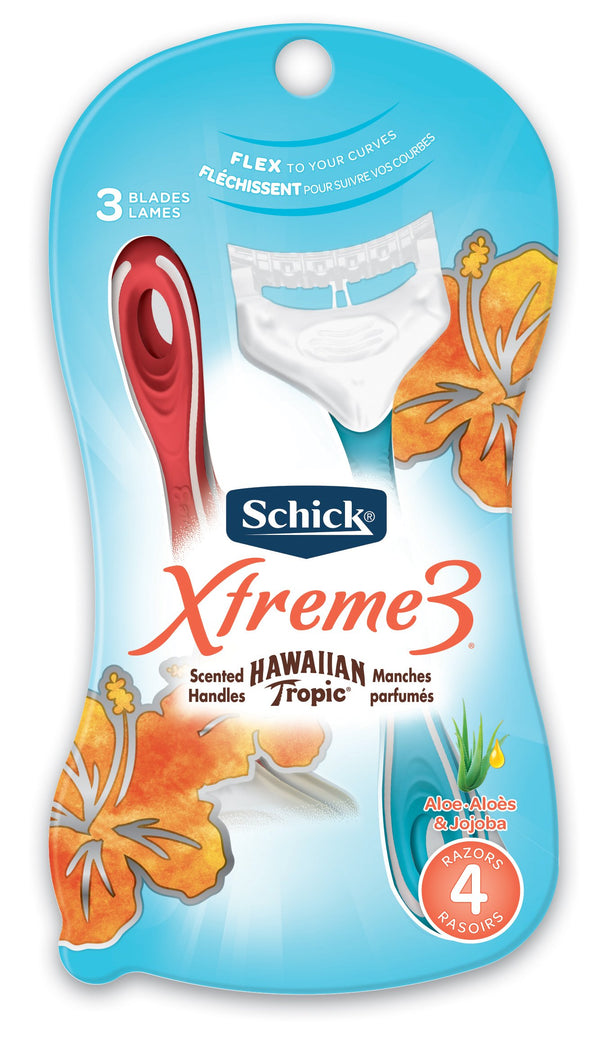Schick Xtreme 3 Disposable Razors for Women with Hawaiian Tropic Scented Handles, 4 Count (Pack of 2)