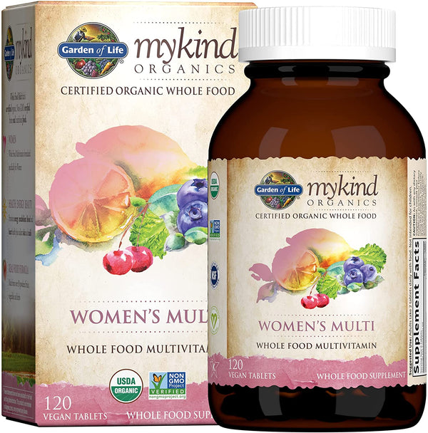Organic Multivitamin for Women by Garden of Life, mykind Organics Womens Multi with Vitamin C, D, Folate, B6, B12, Biotin, Iron, Vegan Whole Food Vitamins for Women, Energy, Skin, Nails, 120 Tablets