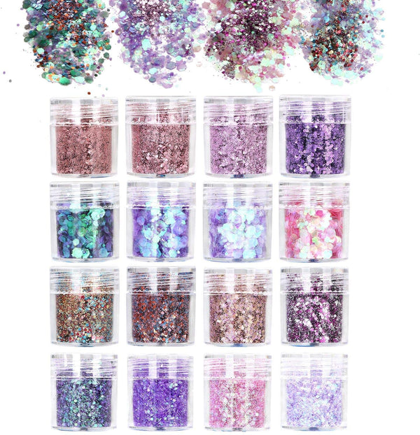 URAQT 16pcs Chunky Glitter Beauty Set For Body Cheeks And Hair, Festival And Party, Face and Nails Beauty Makeup,A