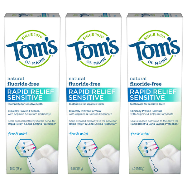Tom's of Maine Fluoride-Free Rapid Relief Sensitive Toothpaste, Fresh Mint, 4 oz. 3-Pack
