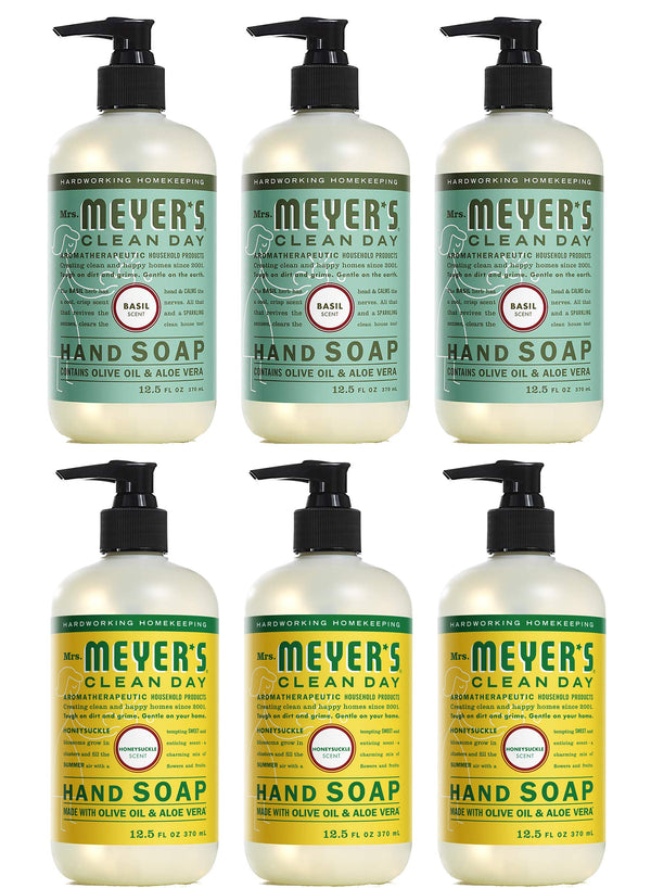 Mrs. Meyer's Clean Day Liquid Hand Soap Variety, 3 Basil, 3 honeysuckle, Cruelty Free and Biodegradable Formula (Basil - Honeysuckle)
