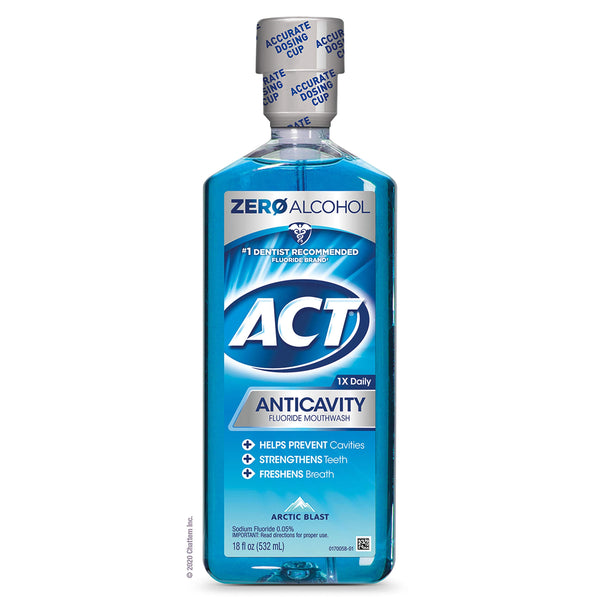 ACT Anticavity Zero Alcohol Fluoride Mouthwash 18 fl. oz., With Accurate Dosing Cup, Arctic Blast