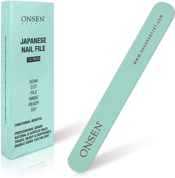 Onsen Japanese Nail File - Professional 10-Pack Nail Files, Double Sided Natural and Acrylic Nail Filers - 120/180 Grit - Disposable, Salon Smooth, Travel Best Nail File For Shiny Nails