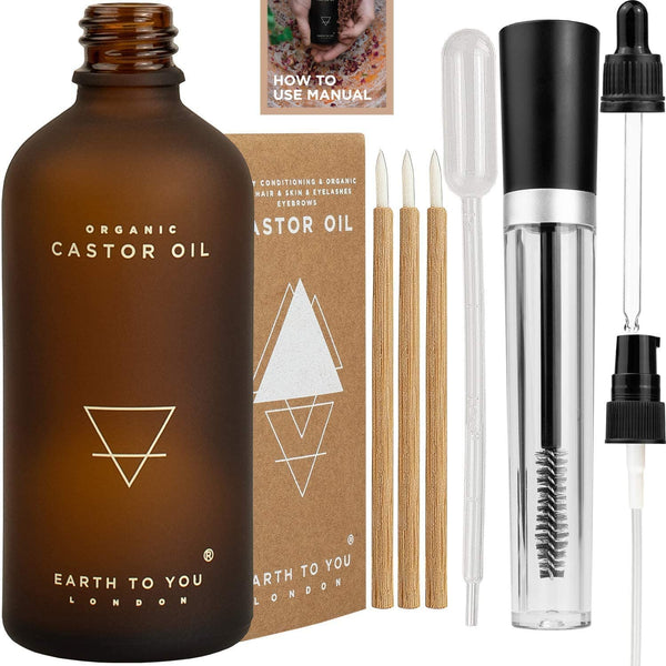 Organic Castor Oil Cold Pressed, Pure, Hexane Free, Non GMO with Mascara Brush & Tube, Bamboo Eyeliner Brushes, Dropper, Pump, Reusable Pipette, 1000ml, an Extensive How to Use Guide