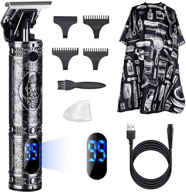 LURNOFY Professional Hair Clipper Beard Trimmer for Men, Cordless Zero Gapped Trimmer Rechargeable Electric T-Blade Close Cutting Haircut Kit with LED Display for Barbers and Family (Silver)