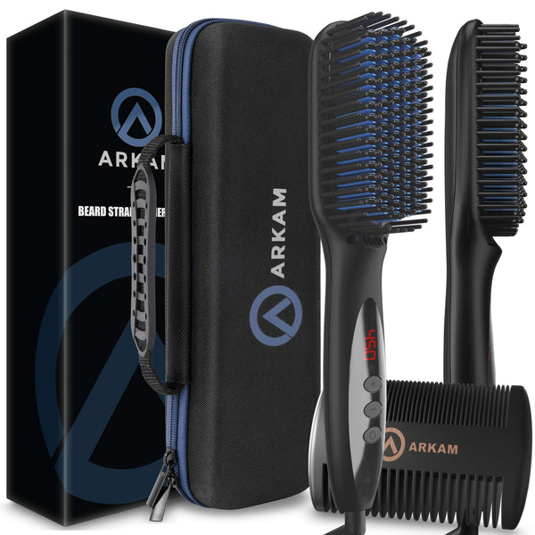 Arkam Deluxe Beard Straightener for Men - Ionic Beard Straightening Comb, Anti-Scald Feature, Hair Straightener for Men, Portable Beard Brush Straightener, Premium Travel Case & Beard Comb Included