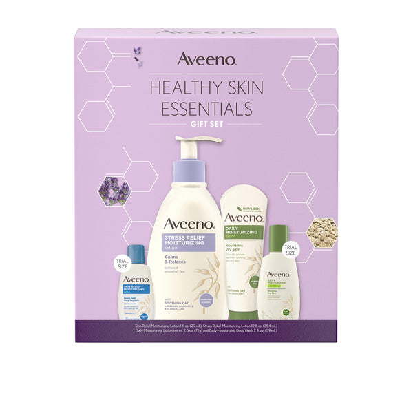 Aveeno Body Lotion Healthy Skin Essentials Gift Set, Skincare Set with Daily Moisturizing Body Lotion & Nourishing Body Wash, Stress Relief Lotion, Skin Relief Lotion, 4 items