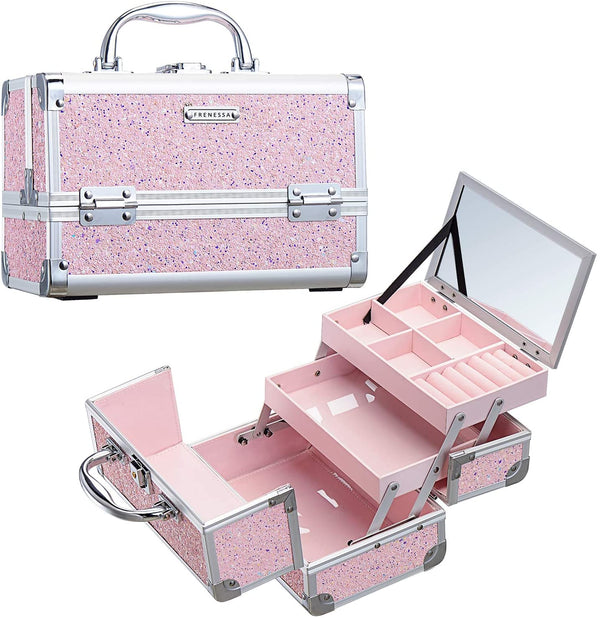 Frenessa Makeup Box Cosmetic Case Organiser Beauty Storage Train Case Vanity Box with Mirror Lockable with Keys