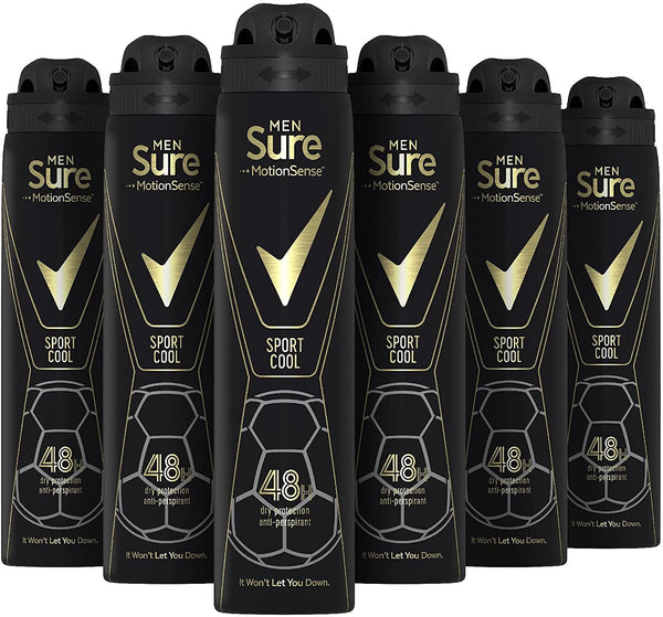 Sure Sport Cool 48h protection against sweat and odour Anti-perspirant Aerosol MotionSense technology deodorant 250 ml pack of 6