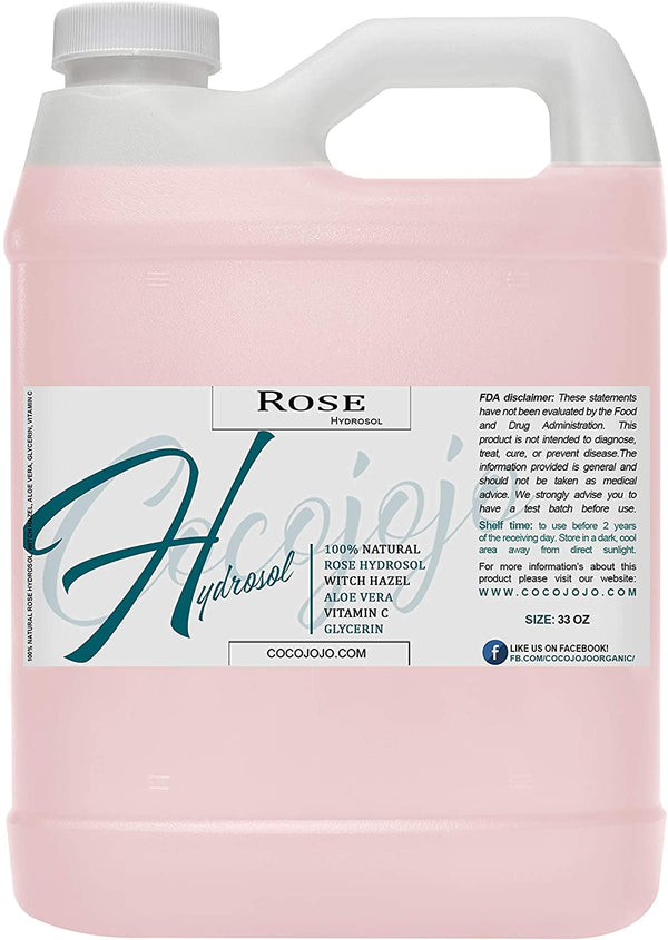Rose Water Hydrosol, Glycerin, Aloe Vera, Vitamin C & Witch Hazel Mix - 100% Natural, Non-GMO, Floral, Face, Hair, Body, Toner, Bulk - 32 oz - Hydrating, Cleansing, Toning Great for All Skin Types