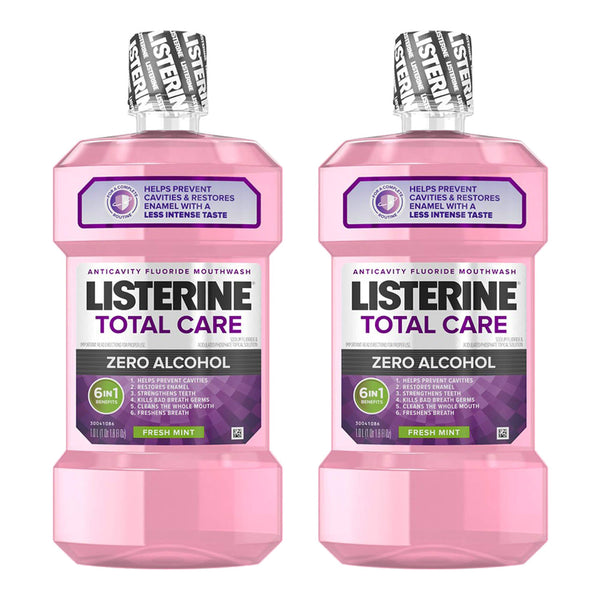 Listerine Total Care Alcohol-Free Anticavity Mouthwash, 6 Benefit Fluoride Mouthwash for Bad Breath and Enamel Strength, Fresh Mint Flavor, Twin Pack, 2 x 1 L