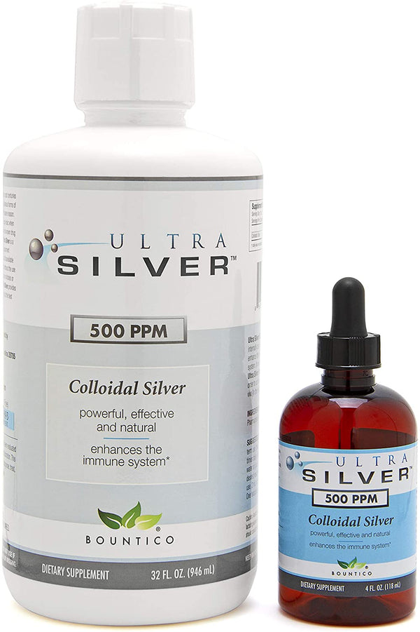 Ultra Silverýý Colloidal Silver | 500 PPM, 32 Oz (946mL) | Mineral Supplement | True Colloidal Silver - 4 oz Dropper Bottle (Empty) Included for Dispensing!