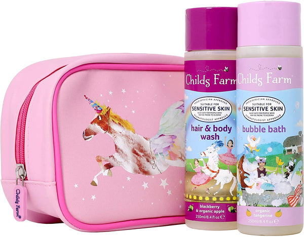 Childs Farm | Unicorn Luxury Washbag | Tangerine Bubble Bath and Blackberry & Apple Hair & Body Wash 250ml | Sensitive Skin | Child Gift Set