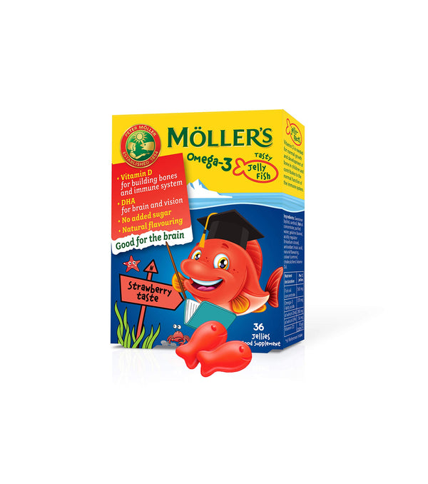 Moller’s ® | Omega 3 Capsules for Children | Natural Fish Oil Omega 3 Cod Liver Oil for Kids | with DHA and EPA, No Gluten, Lactose or Added Sugar & Easy to Chew | Strawberry Flavor | 36 Capsules