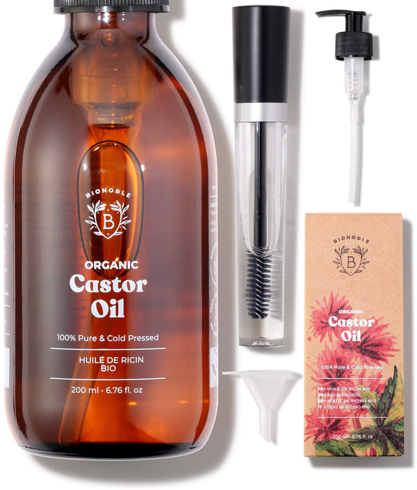 ORGANIC CASTOR OIL | 100% Pure, Natural & Cold Pressed | Lashes, Eyebrows, Body, Hair, Beard, Nails | Vegan & Cruelty Free | Glass Bottle + Pump + Mascara Kit (200ml)