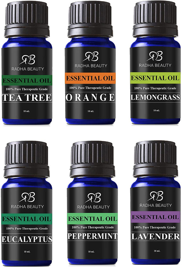 Radha Beauty Aromatherapy Top 6 Essential Oils Gift Set (Lavender, Tea Tree, Eucalyptus, Lemongrass, Orange, Peppermint) - 100% Natural Basic Gift Set for Aromatherapy, Diffusers, Soap, DIY Skincare