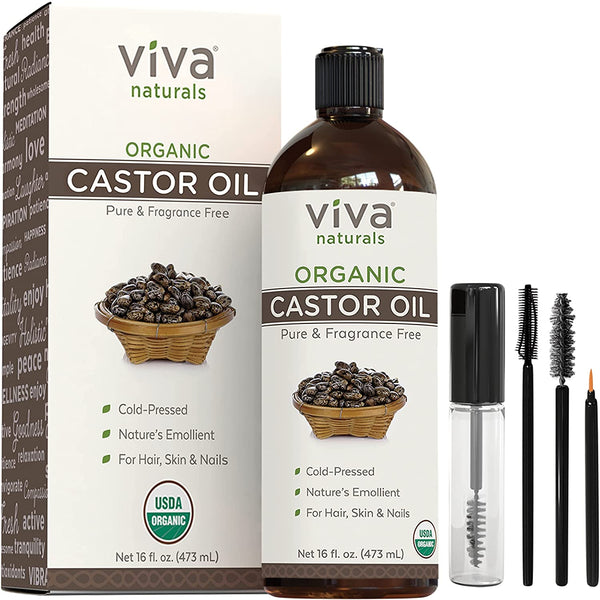 Organic Castor Oil for Eyelashes and Eyebrows - 16 fl oz, USDA Organic, Pure Hexane-Free Moisturizer Traditionally Used for Hair Growth, Natural Skin and Eyelash Serum
