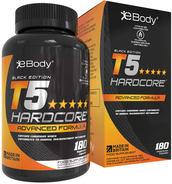 T5 Fat Burners Hardcore for Men & Women which Contains L-Tyrosine, Chromium, Vitamin B6 & Botanical Extracts, Mens Health Reviewed & Made in The UK (180 Vegetarian Capsules)