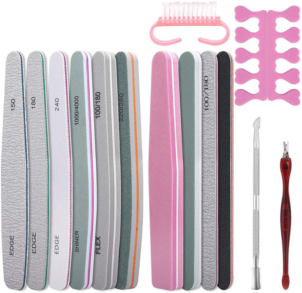 Professional Nail Files Set, 15pcs Washable Double Sided Emery Boards Nail File and Buffer and Stainless Steel Cuticle Pusher Perfect Manicure Tool Kit for Shiny Nail