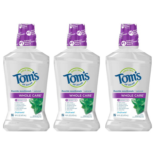 Tom's of Maine Whole Care Natural Fluoride Mouthwash, Fresh Mint, 16 oz. 3-Pack