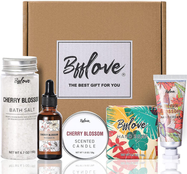 Gifts for Women - BFFLOVE Cherry Blossom Scent Bath and Body Set, Pamper Gifts for Her, Bath Set Include Massage Oil, Scented Candle, Bath Salt, Hand Cream, Soap. Womens Gift Sets for Birthday, 5 pc