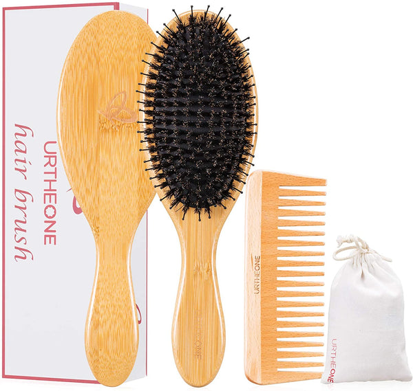 Hair Brush,Boar Bristle Hair Brushes and Comb Set for Women men and Kids, Natural Bamboo Oval Paddle Hair brush and Detangling Comb suit for Curly Thick Thin Straight Wavy Long Short or Dry Hair