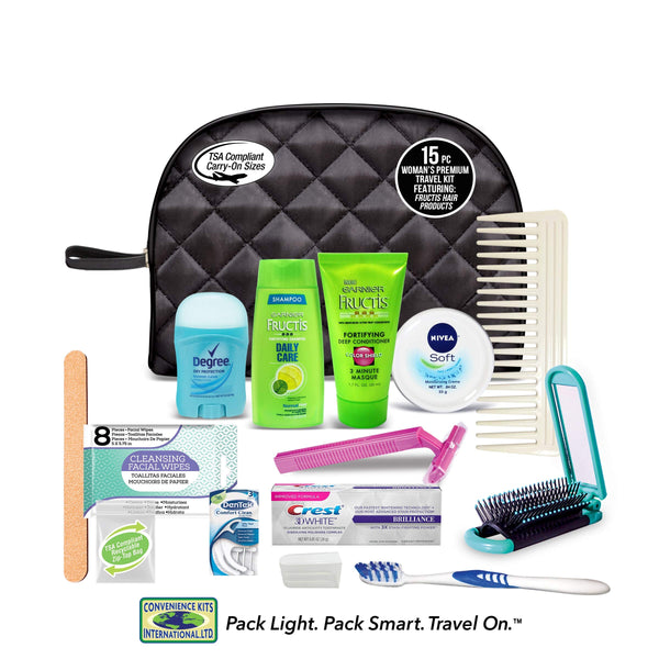 Convenience Kits International Women's Premium 15-Piece Assembled Kit with Travel Size Necessities, Featuring: Fructis Hair Products